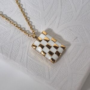 Gold and White Checkered Pendant Necklace